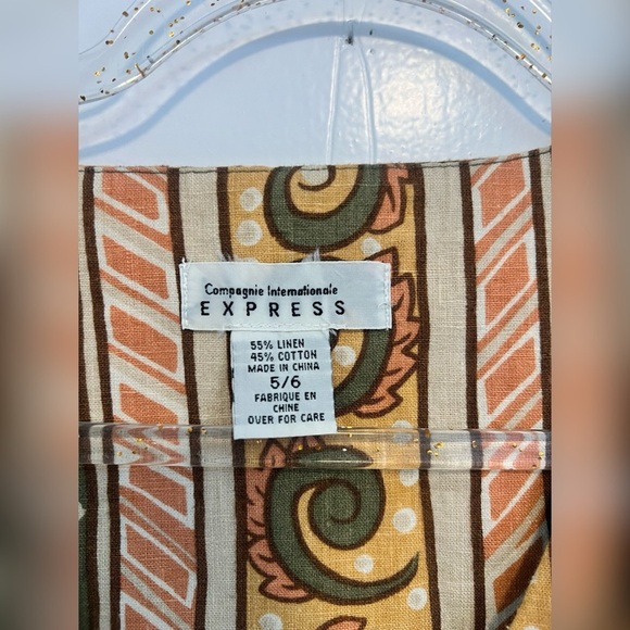 Vintage 90s Express Linen Blend Wrap Dress Buttons Stripe Floral Size 6 - Picture 2 of 3
